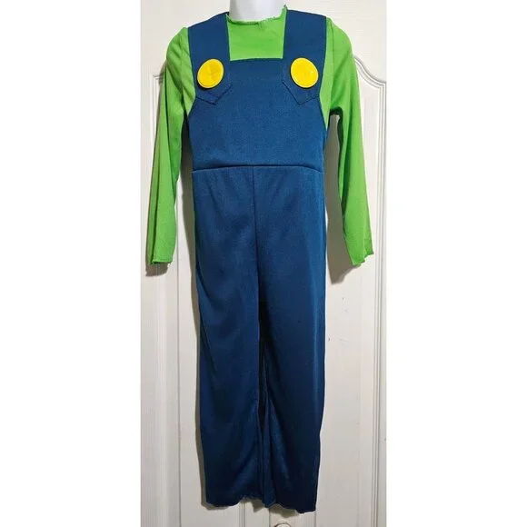 Super Mario Classic Luigi Costume Toddler 3T-4T Jumpsuit Hat Mustache Boys Kids - Picture 4 of 7